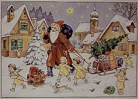 Representation from one of old Advent, calendar: St. Nicholas comes with his gifts from Lithographie