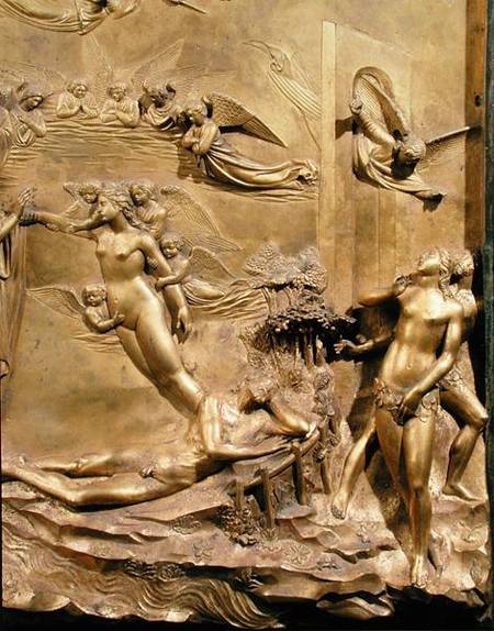 The Story of Adam, detail of the Creation of Eve and The Expulsion, from one of the original panels from Lorenzo Ghiberti