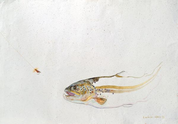 Trout chasing a fisherman''s fly (mixed media) (1991) 