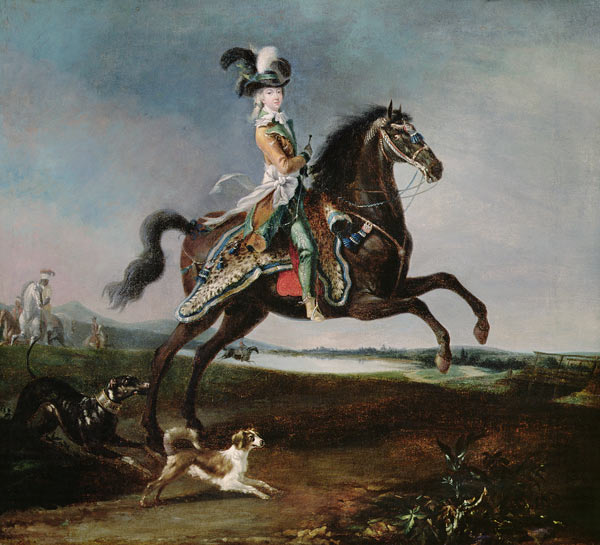 Equestrian portrait of Marie Antoinette in hunting attire from Louis Auguste Brun or Brun de Versoix