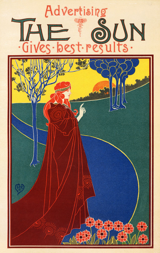 Reproduction of a poster advertising 'The Sun', an American newspaper from Louis John Rhead