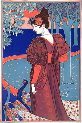 Woman with Peacocks, from 'L'Estampe Moderne', published Paris 1897-99 (colour litho) from Louis John Rhead