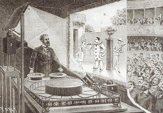 The ''Theatre Optique'' and its inventor Emile Reynaud (1844-1918) with a scene from ''Pauvre Pierro from Louis Poyet