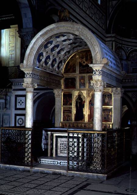 Tabernacle or Chapel of the Crucifixion designed by Michelozzo di Bartolomeo (1396-1472), enamelled from Luca  della Robbia