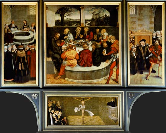 Triptych, left panel, Philipp Melanchthon performs a baptism assisted by Martin Luther; centre panel from Lucas Cranach the Elder