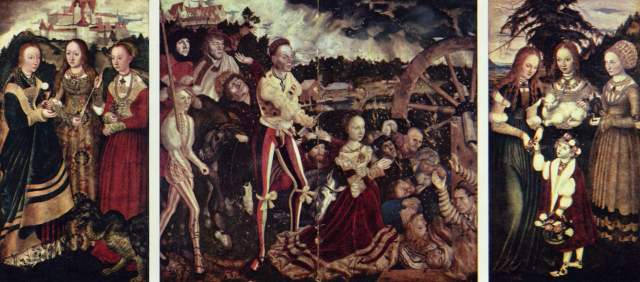 Katharinenaltar, left wing, the saints Dorothea, Agnes and Kunigunde, middle panel, ordeal from Lucas Cranach the Elder