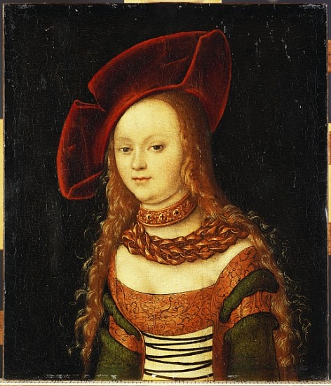 Portrait of a young girl, half length, wearing a green and gold costume with a red hat from Lucas Cranach the Elder