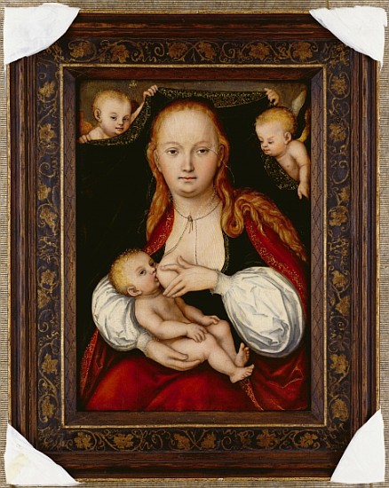 The Virgin and Child, three-quarter length, with putti holding up a curtain behind (oil on limewood  from Lucas Cranach the Elder