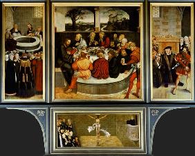 Triptych, left panel, Philipp Melanchthon performs a baptism assisted by Martin Luther; centre panel