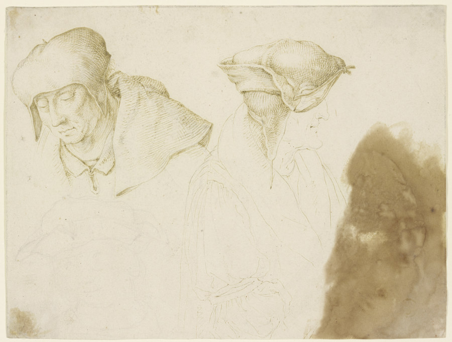 Kopf des Evangelisten Lukas, einer Assistenzfigur der Esther vor Ahasver sowie eines Dritten from Lucas van Leyden