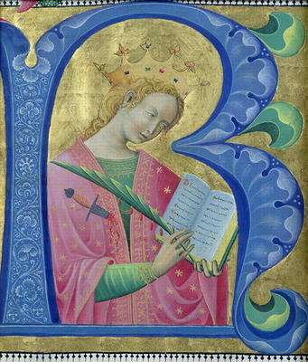 Illuminated initial 'R' depicting St. Catherine of Alexandria, Lombardy School (vellum) from Luchino Belbello