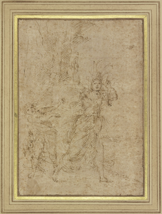 Eine Frau ("La Pazza") mit sonderbarem Kopfputz flieht vor zwei Verfolgern from Ludovico Carracci