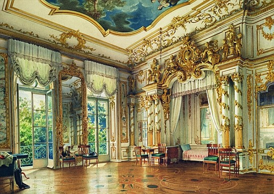 Bedroom of Tsar Alexander I in the Alexander Palace, Tsarskoye Selo, 1855 (w/c & white colour on pap from Luigi (Ludwig Osipovich) Premazzi