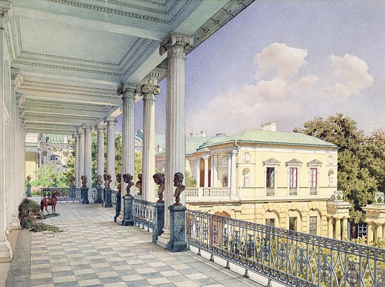 The Cameron Gallery at Tsarskoye Selo, 1859 (w/c & white colour on paper) from Luigi (Ludwig Osipovich) Premazzi