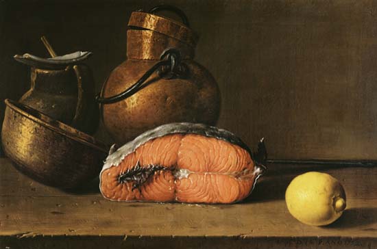 Still Life with a Piece of Salmon, a Lemon and Kitchen Utensils from Luis Melendez