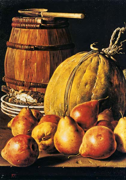 Still Life with pears, melon and barrel for marinading from Luis Egidio Melendez