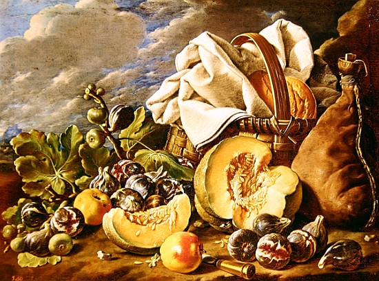 Still Life with figs, wicker basket, pumpkin, bread, wine skin and knife from Luis Egidio Melendez