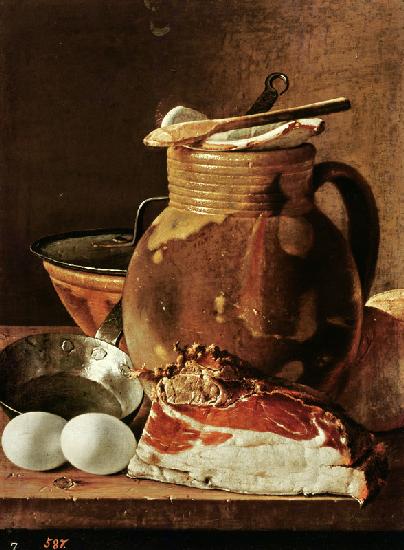 Still Life with ham, eggs, bread, frying pan and pitcher