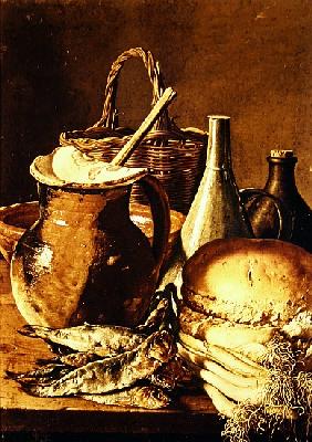 Still Life with bread, fishes and leeks