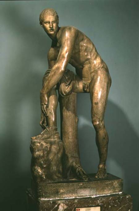 Hermes tying his sandal, Roman copy of a Greek original attributed to Lysippos from Lysippos