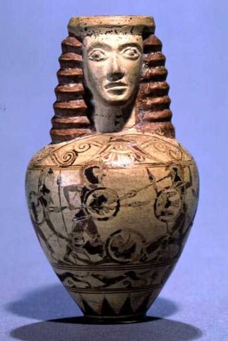 Proto-Corinthian aryballos with a human head, decorated with a scene of combat from Macmillan  Painter