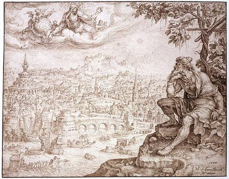 Jonah, Seated Under the Gourd, Contemplates the City of Nineveh from Maerten van Heemskerck