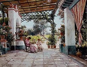 Mother and child when sewing in the Patio a Mexican house. from Manuel Garcia y Rodriguez