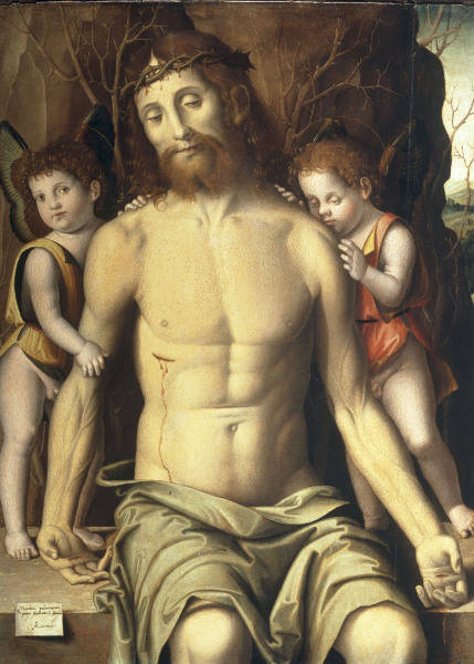 Palmezzano, Marco c.1458 - 1539. ''Christ in the tomb, supported by two angels'', 1529. Oil on wood. from Marco Palmezzano
