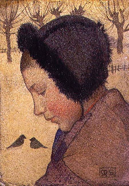Head of a Young Girl in a Fur Hat (oil and gesso on board) from Marianne Stokes