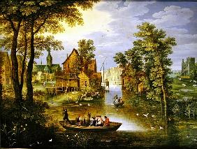 A river landscape with the Flight into Egypt