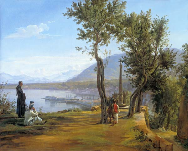 Figures in a landscape with a picture column and a port in the background from Martinus Roerbye