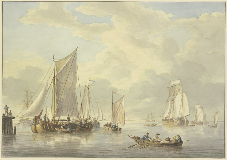Ruhige See mit vielen Schiffen, vorne ein Boot mit drei Ruderern und einer Frau from Martinus Schouman