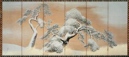 The Pines under Snow (pen & ink, colour, gold paper on panel) from Maruyama Okyo