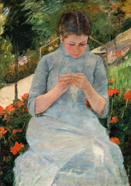 Young knitting woman in the garden from Mary Cassatt