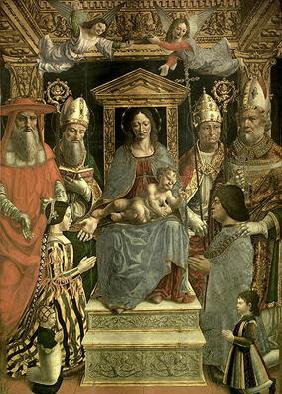 The Sforza Altarpiece, Madonna and Child enthroned with the Doctors of the Church and the family of
