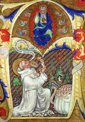 Historiated initial 'A' depicting St. Benedict offering his soul to God the Father, Lombardy School from Master of the Vitae Imperatorum