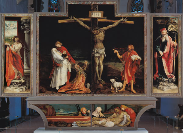 Isenheimer altar first show side, total: The hll. Antonius and Sebastian, crucifixion Christi, buria from Mathias (Mathis Gothart) Grünewald