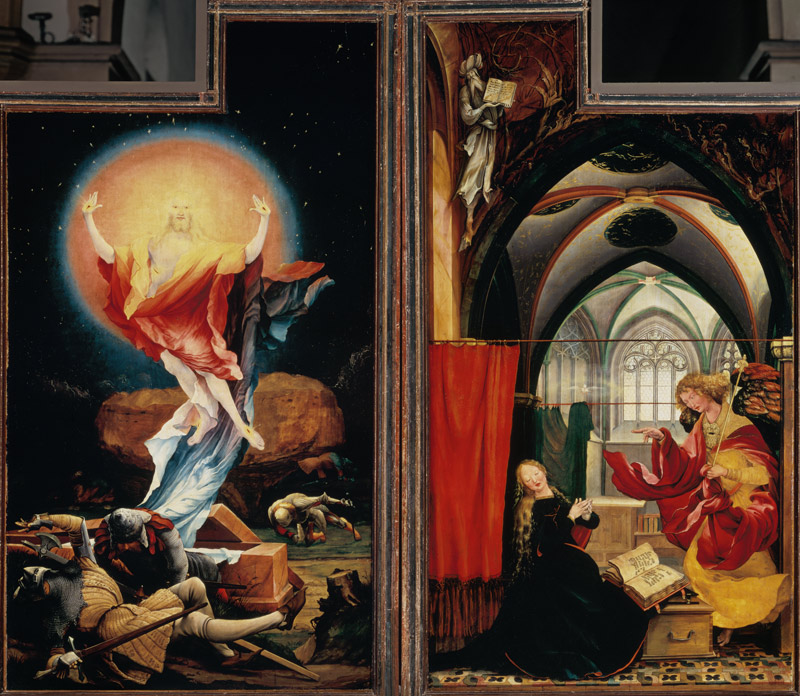 Isenheimer altar second show side, right and left panel: Resurrection of Christi, proclamation of Ma from Mathias (Mathis Gothart) Grünewald