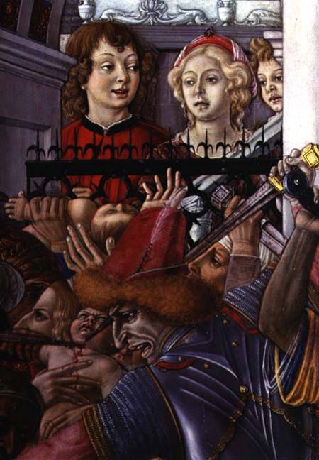 The Massacre of the Innocents, detail of two onlookers observing the carnage from the palace from Matteo  di Giovanni di Bartolo