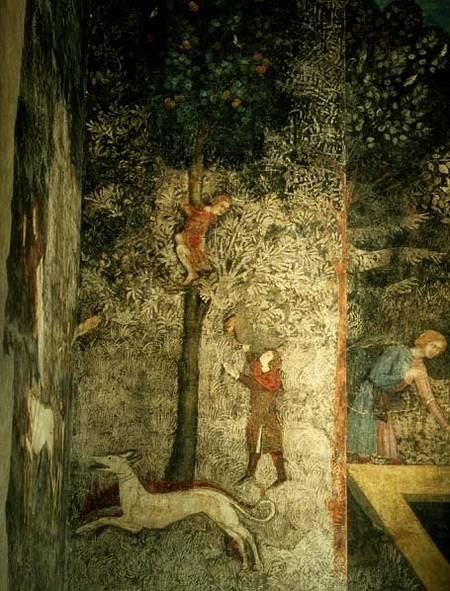 Hunting dogs and men climbing a tree detail of the decorative scheme from La Chambre du Cerf ( 1347 from Matteo Giovanetti