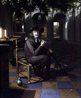 Gentleman smoking in a shaded courtyard