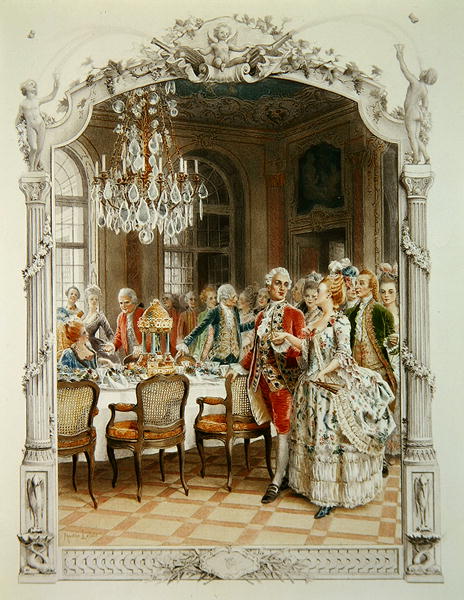 Elegant meal during the Eighteenth century, illustration from ''Une femme de qualite au siecle passe from Maurice Leloir