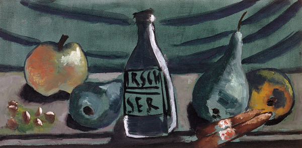 Stillleben mit Apfel und Birne (Stillleben mit Kirschwasserflasche). / Still life with apple and pea from Max Beckmann