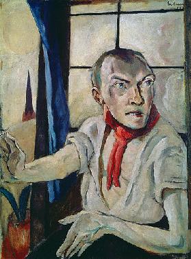 Self portrait with red scarf. 1917