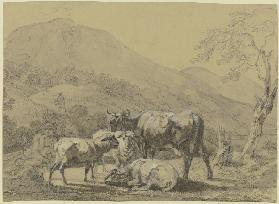 Hirte mit einer Kuh und drei Schafen in einer Gebirgslandschaft