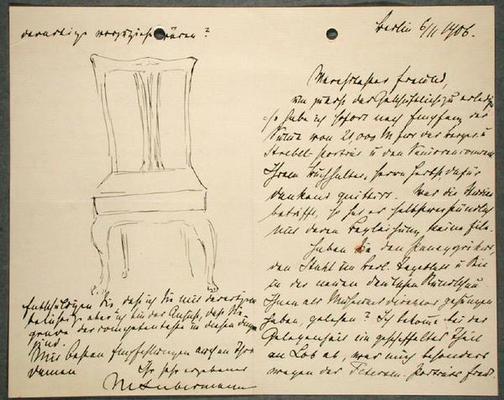 Artist's notes and sketch of a chair (ink on paper) from Max Liebermann