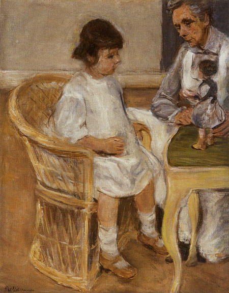 the artists' granddaughter in a basket-chair from Max Liebermann