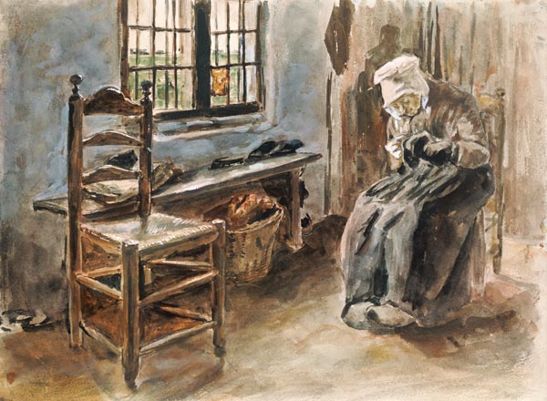 Old Dutchwoman at the window watercolor painting doing needlework from Max Liebermann