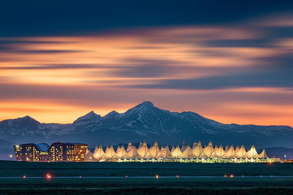 Denver International Airport in dusk with Longs Peak as background from Mei Xu