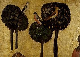 Detail from the panel Christ at the mount of olives: Olive trees and birds from Meister d.Altars von Hohenfurth